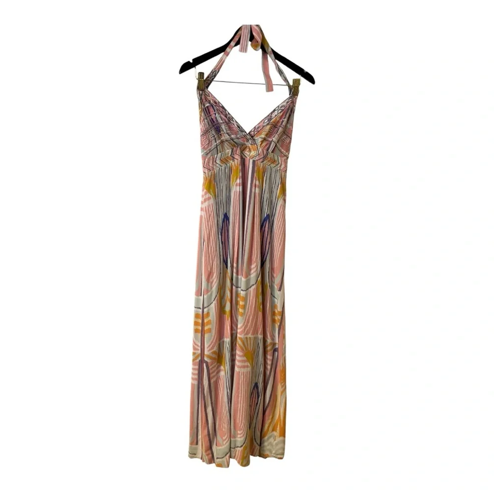 Multicolor Patterned Women's Lined Halter Maxi Dress Size Small 💯% Rayon - Picture 12 of 14